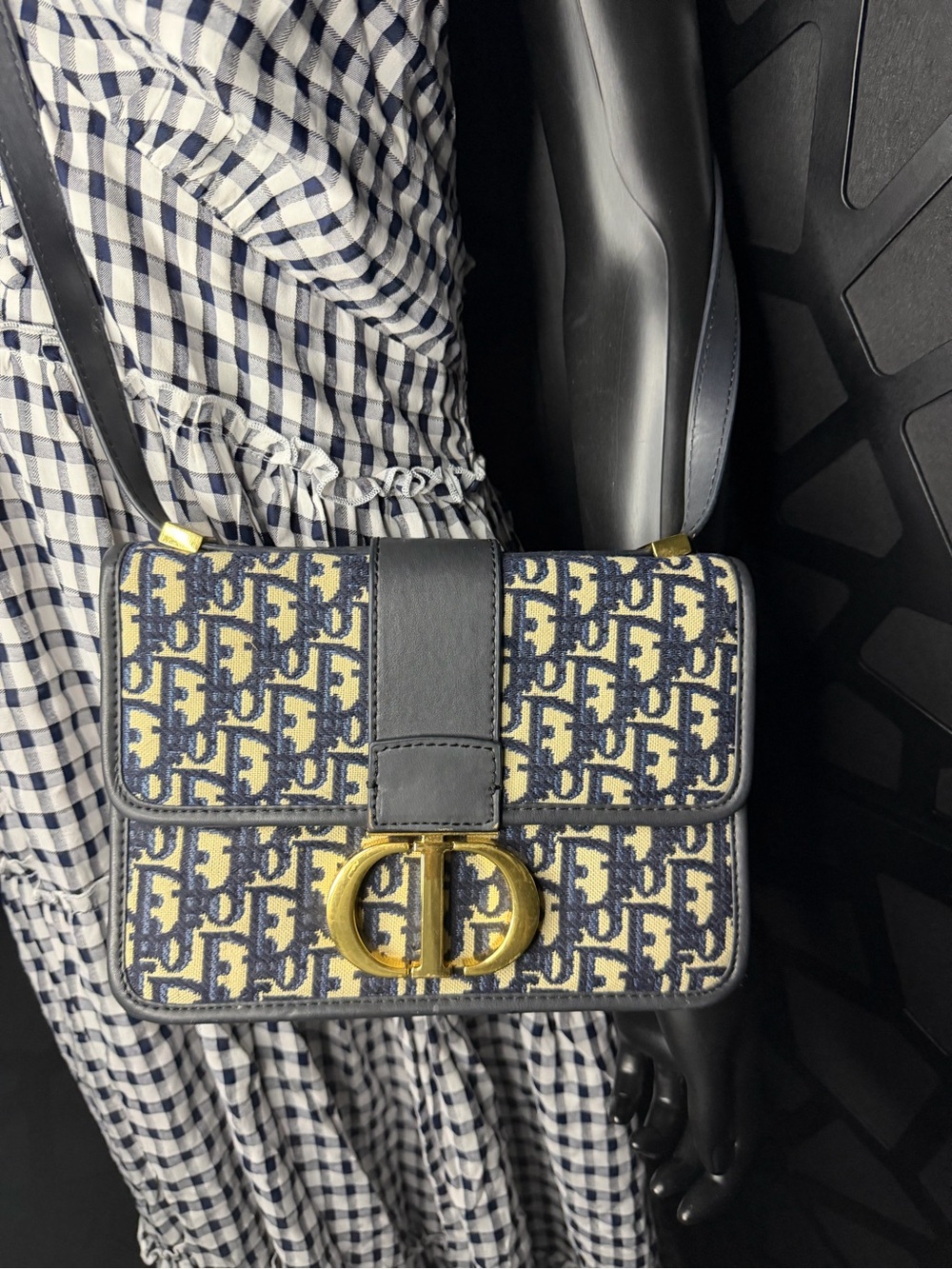 Authentic Dior Oblique Crossbody Bag in Navy and Cream with Gold Hardware